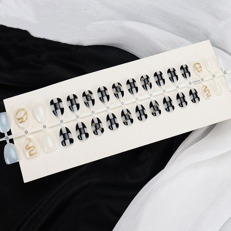 HJKDSFD 30Pcs Short Press on Nails Oval Shaped Fake Nails Black and White Checkerboard False Nails with Gold Chrome Design Pearl Glue on Nail Cute Natural Acrylic Artificial Nail for Women Girls - Image 3